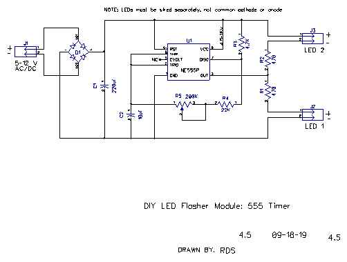 DIY LED Flasher Module 555 Timer, adj Speed R4.5