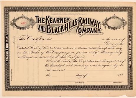 Kearney & Black Hills Railway Stock Certificate