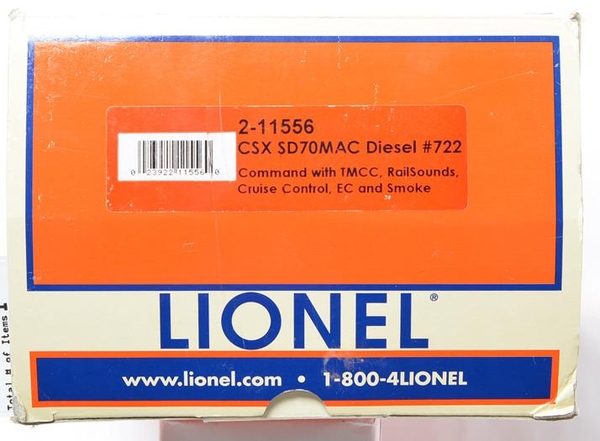Lionel 2-11556 #3 CSX # 722 SD70MAC w TMCC &c, C8 [K2412-0722CC) Actual Box End Photo