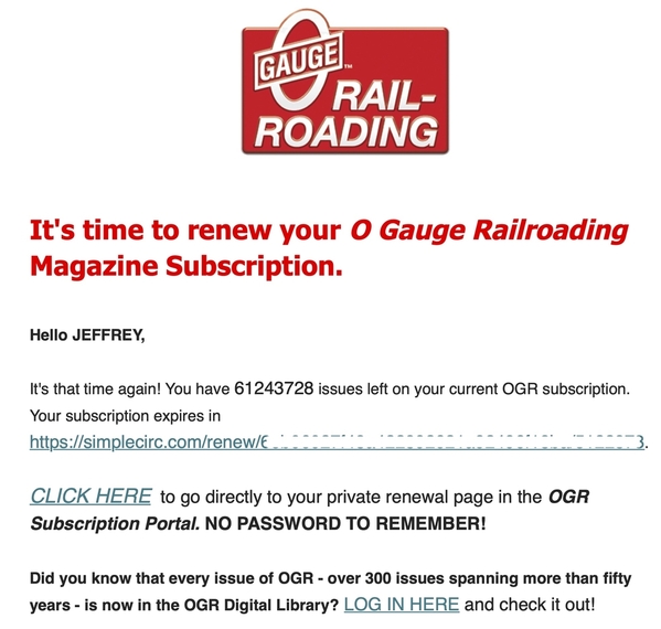 Your O Gauge Railroading magazine subscription has expired copy