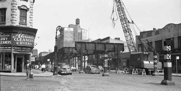 1958 view of the demolition of the 3rd Ave El looking North from 146th St to the remaining structure being removed to the South end of the 149th St station.