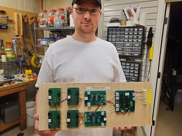 Doug with completed Proviso West signal board cluster