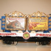200 series Circus Flat Cars 2 004: 200 series circus flat car with two blue circus tableau wagons load
