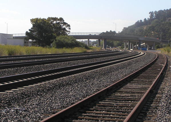 CalTrain and old SP track together south of the old Bayshore Yard August 2007
