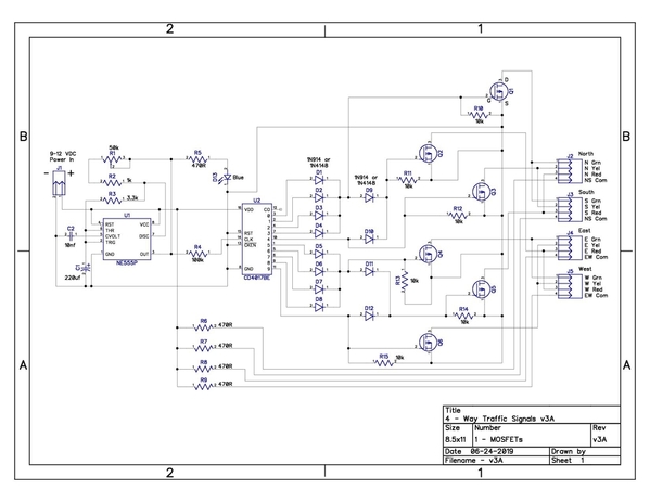 4-Way Traffic Signals Schematic-MOSFETs v3A