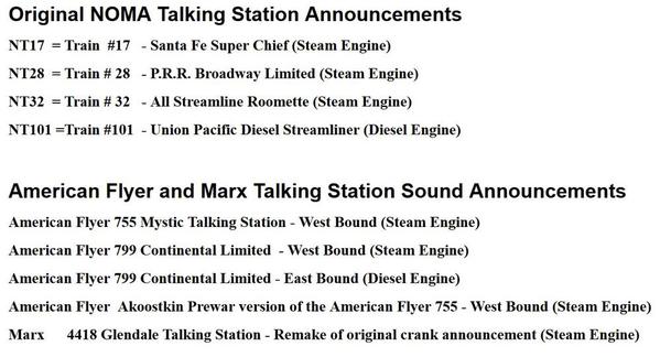 NOMA Talking Station Sound Unit Train #17,28,32 or 101 also American Flyer,Marx 