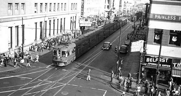 Key System transbay train heading west on 12th Street at Broadway in Downtown Oakland, circa early 1940s.