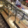 IMG_5595: Hanging lights and view of angle iron bench