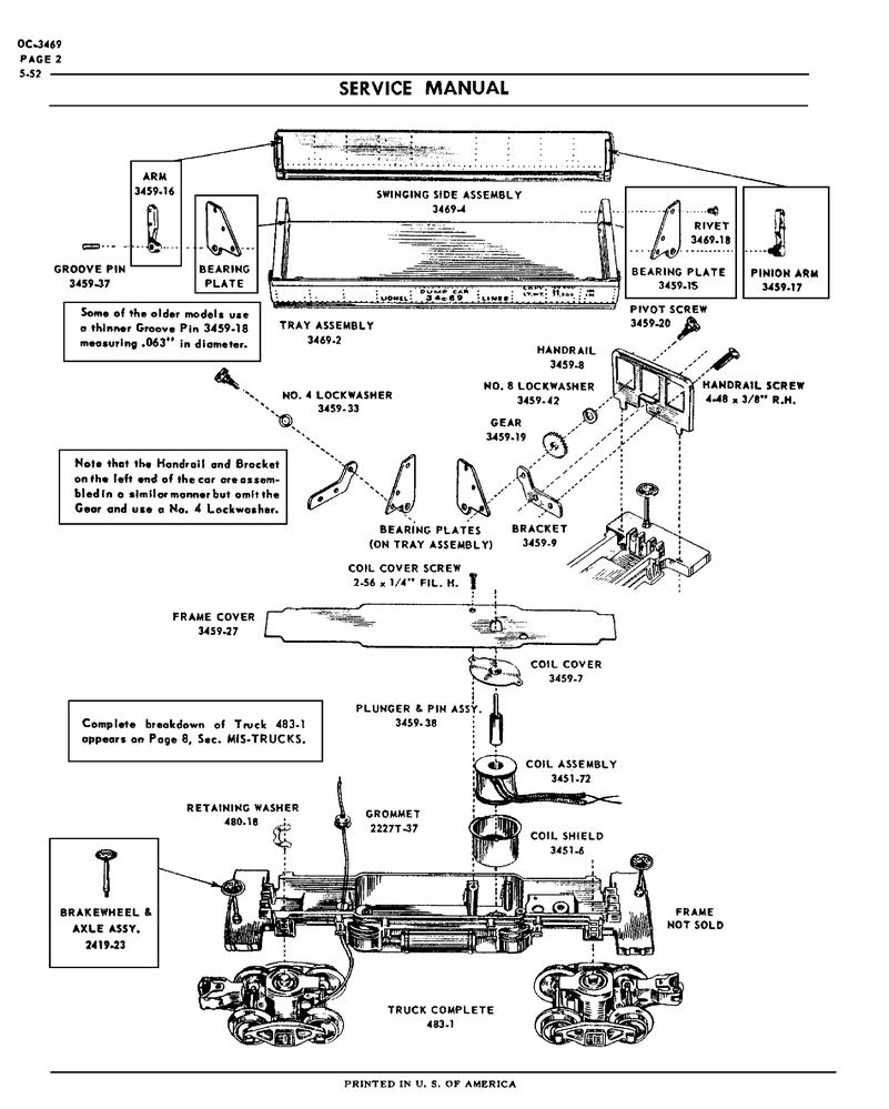 Ore Dump Car Service Manual Lionel PW 1946-55 3459 3469 Diecast Metal Opr