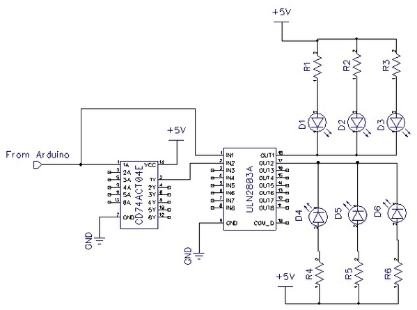 Circuit using inverter and transistors to control LEDs ...