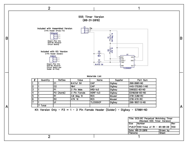 DCS-RC Watchdog Reset Generator Thru-Hole 555 0.47uf Version Schematic & Parts R3D